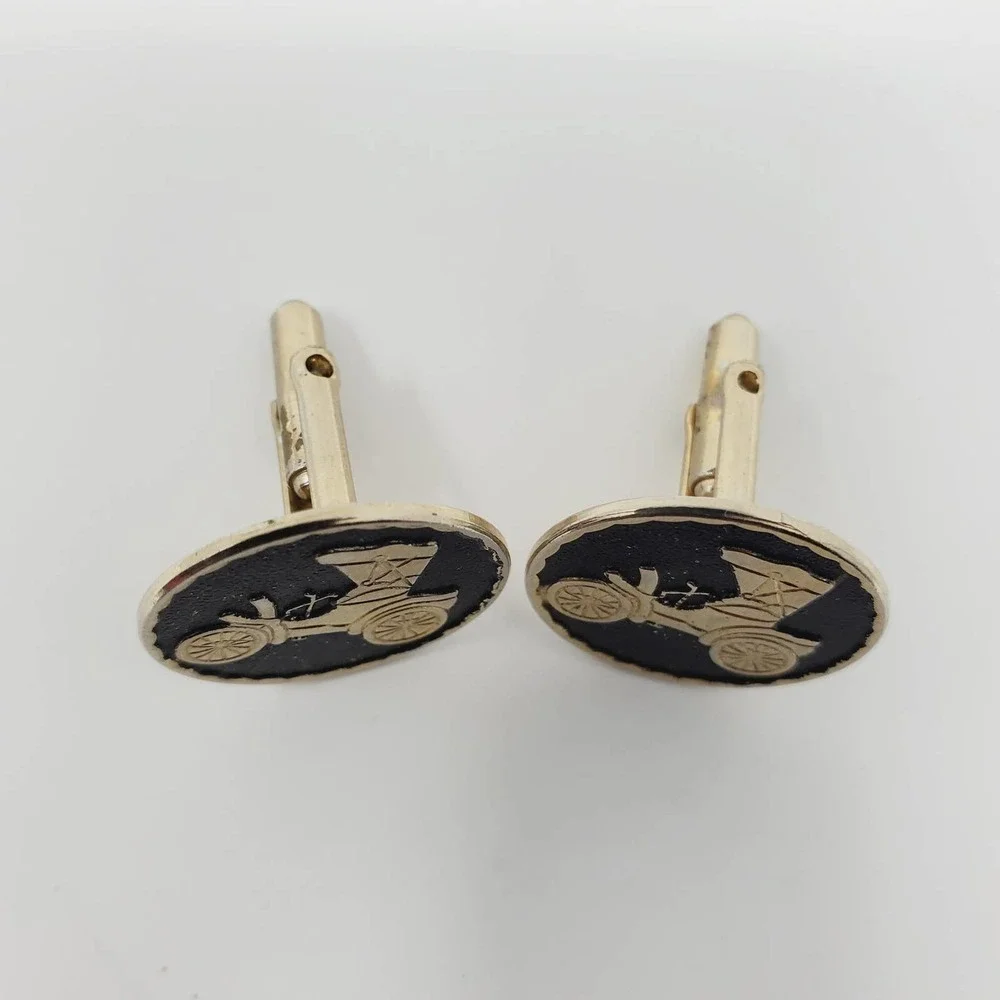 Vintage Old Modern Car Automobile Round Metal Cufflinks Set of 2